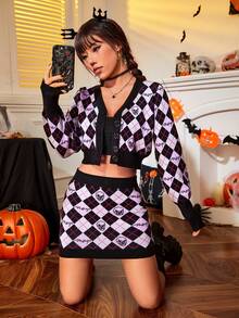 SHEIN EZwear 萬聖節菱形印花前紐扣短款開衫 - 彩色 - 查看 3