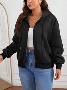 SHEIN Essnce 秋冬加大拉链落肩抽绳连帽夹克 - 黑色 - 查看 4