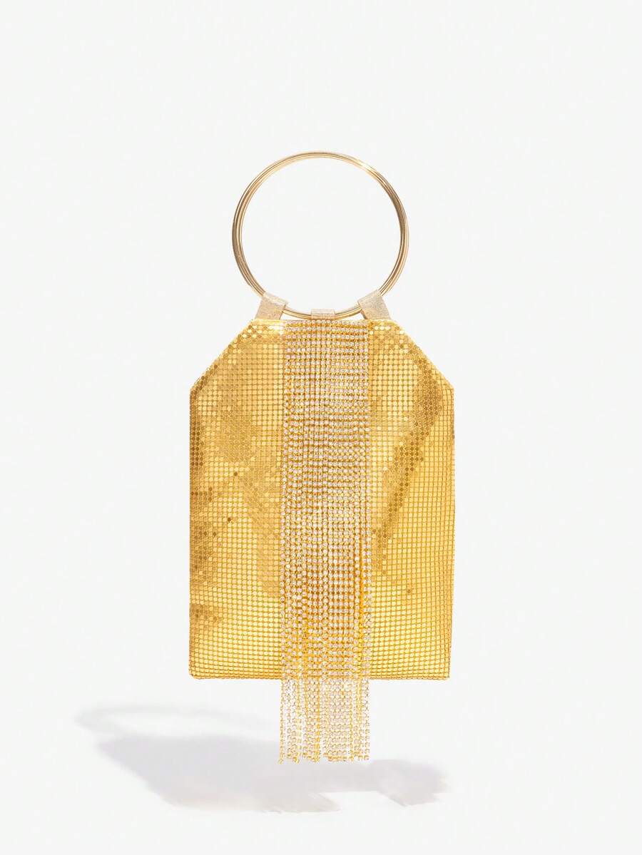 SHEIN BAE 閃亮、閃光、迷人、優雅、精緻、安靜奢華金色鋁流蘇裝飾晚宴包適合派對晚宴包、優雅水鑽水鑽、水晶裝飾、人造珍珠適合派對女孩、女士、女士、新娘完美適合派對、婚禮、舞會、晚宴/宴會送給女性的最佳禮物 - 金色 - 查看 1