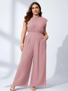 SHEIN Clasi Plus Solid Shoulder Padded Wide Leg Jumpsuit - Dusty Pink - View 1