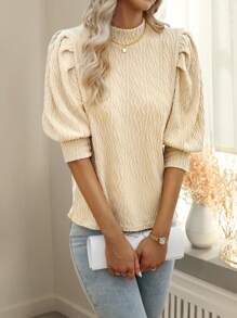 SHEIN Privé Solid Puff Sleeve Mock Neck Tee - Apricot - View 4