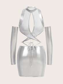 SHEIN ICON 鏤空十字交叉後背繫帶金屬質感緊身洋裝帶袖子 - 銀色 - 查看 7