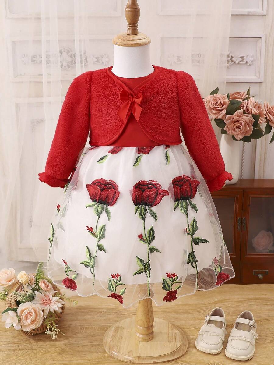 Baby Girl Bow Front Flounce Sleeve Jacket & Floral Embroidery Mesh Overlay Dress