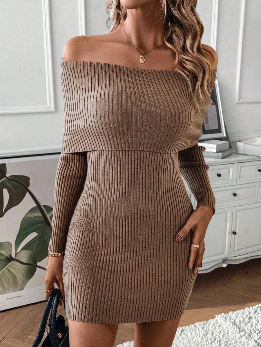 SHEIN LUNE Off Shoulder Foldover Bodycon Sweater Dress Fall Cloth For Women - Brown - View 1