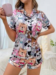 Cartoon Graphic Contrast Piping PJ Set / Pajama Set - Multicolor - View 1