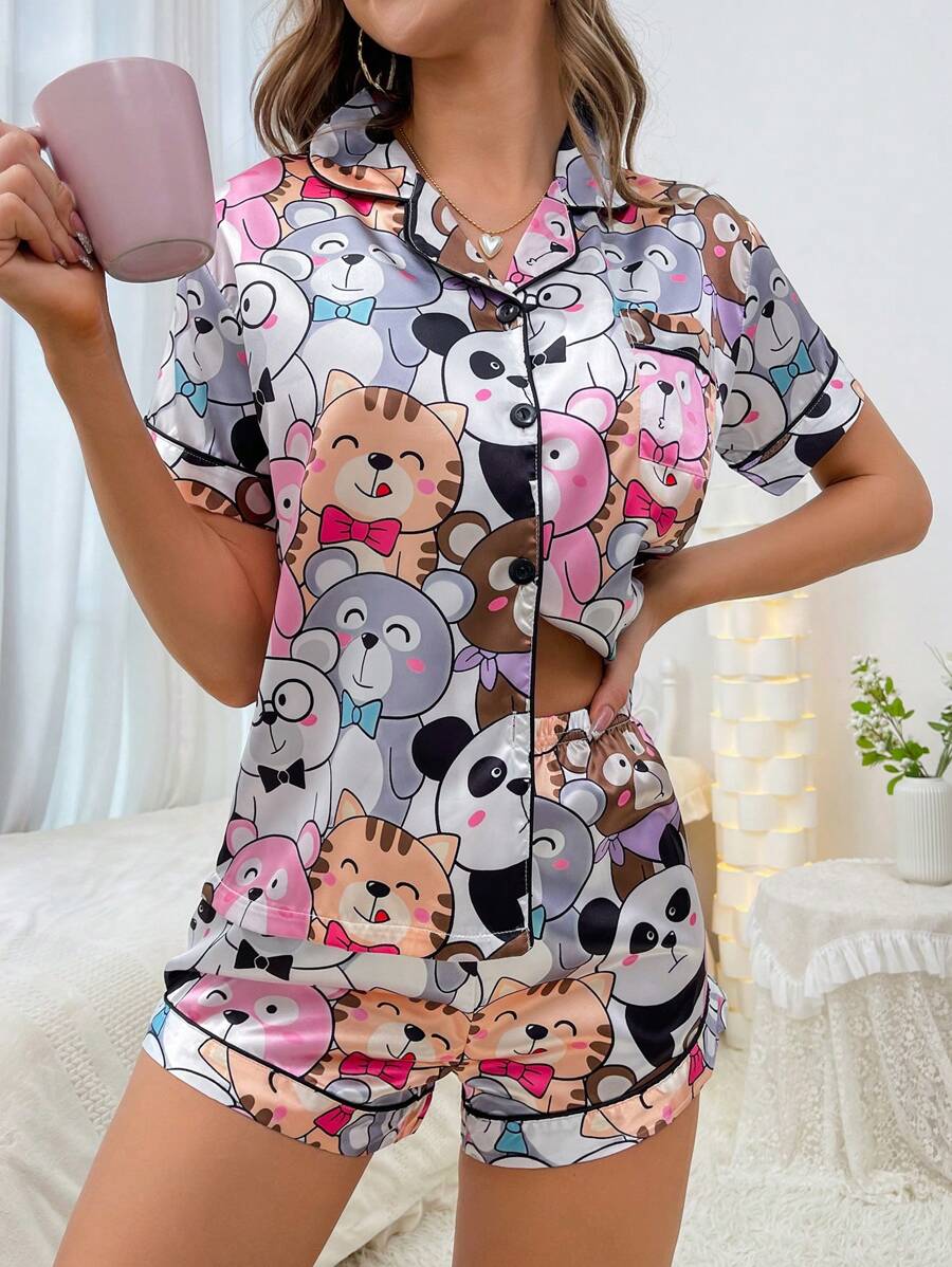 Cartoon Graphic Contrast Piping PJ Set / Pajama Set - Multicolor - View 1