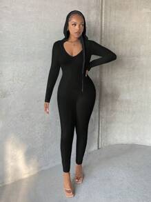 SHEIN SXY 素色交叉露背連帽彈力緊身連體褲 - 黑色 - 查看 6