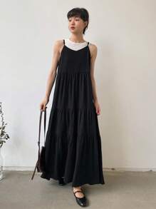 FRIFUL Buộc lại Xù Hoa Sen Váy Dây - màu đen - Xem 7