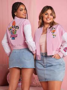THE POWERPUFF GIRLS X SHEIN 大碼字母和卡通圖案落肩袖雙色飛行員夾克 - 淺粉色 - 查看 3