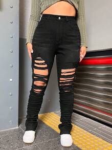 SHEIN EZwear Plus High Waist Ripped Skinny Jeans - Black - View 4