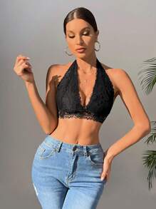 SHEIN 2 Packs Floral Lace Halter Bra Set Lingerie - Black and White - View 5