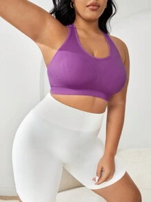 Plus Solid Cutout Racer Back Sports Bra - Purple - View 5