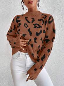 SHEIN Elenzya Áo len chui đầu tay rớt vai họa tiết da báo, thích hợp cho mùa thu đông. - màu nâu - Xem 1