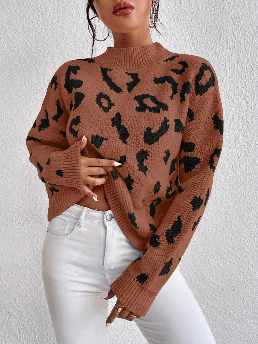 SHEIN Elenzya Áo len chui đầu tay rớt vai họa tiết da báo, thích hợp cho mùa thu đông. - màu nâu - Xem 1