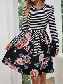 SHEIN LUNE Striped & Floral Print Belted Dress - Multicolor - View 1