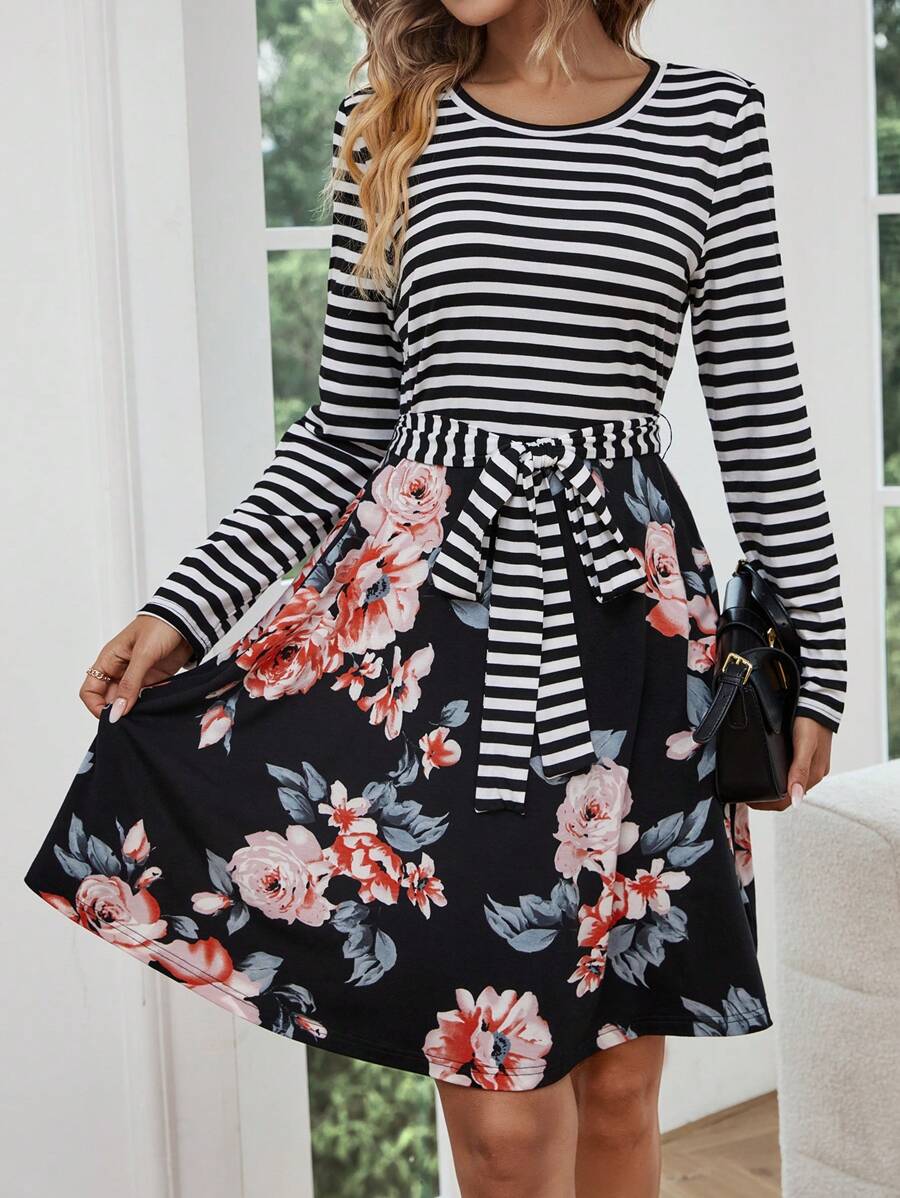 SHEIN LUNE Striped & Floral Print Belted Dress - Multicolor - View 1