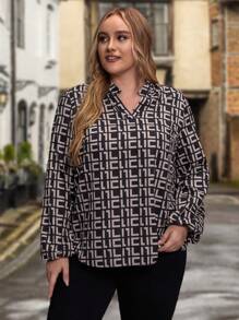 EMERY ROSE 大碼滿版印花缺口領燈籠袖襯衫 - 彩色 - 查看 5