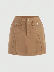SHEIN MOD Solid Flap Pocket Denim Skirt - Khaki - View 1