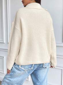 Flirla Half Zip Ribbed Knit Drop Shoulder Sweater,Long Sleeve Tops Knit Pullover Fall Winter Sweater - Apricot - View 2