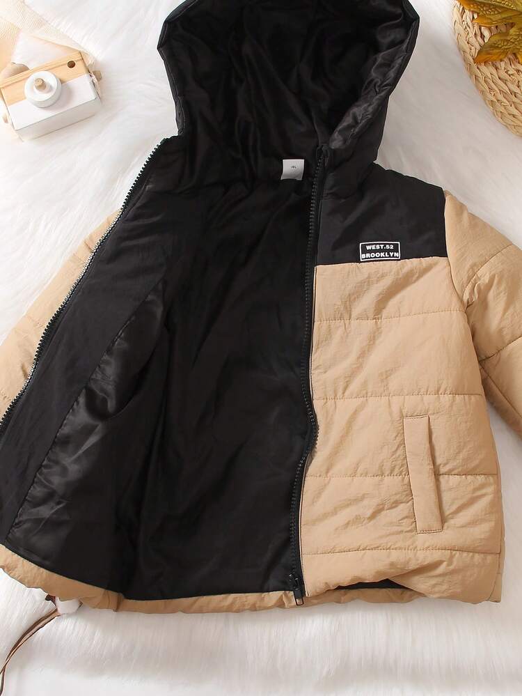 Young Boy Two Tone Letter Patched Detail Zipper Hooded Padded Coat