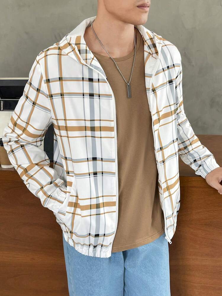 1pc Loose Fit Men Plaid Print Zip Up Hooded Jacket