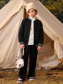SHEIN Tween Boy 1pc Cartoon Graphic Striped Trim Slant Pockets Drop Shoulder Varsity Jacket - Black - View 7