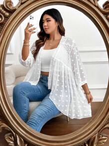 SHEIN Clasi Talla grande Abrigo de lunares con parte delantera abierta transparente de gasa - Blanco - Ver 6