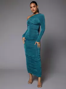 SHEIN BAE 不對稱領褶邊緊身洋裝 - 水鴨藍 - 查看 5