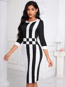SHEIN Lady 撞色後背開衩緊身洋裝 - 黑與白 - 查看 3