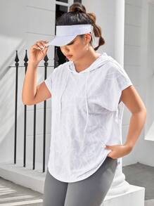 Easithlete 大碼幾何印花蝙蝠袖抽繩連帽運動衛衣 - 白色 - 查看 4