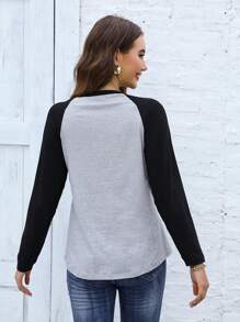 INAWLY 心形和标语图案插肩袖T恤 图案T恤 女式上衣 女式秋季服装 - 淺灰色 - 查看 2