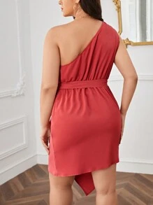 SHEIN Privé Dress Ukuran Plus Asimetris Berikat Membungkus Plain Casual - Watermelon Pink - View 2