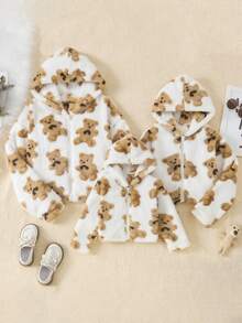 SHEIN Tween Girl Bear Pattern Hooded Teddy Jacket - White - View 3