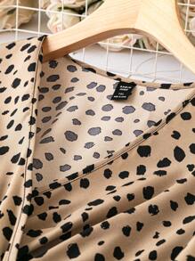 SHEIN Clasi Plus Dalmatian Print Flare Sleeve Ruffle Hem Belted Dress - Coffee Brown - View 4