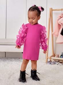 SHEIN 女嬰貼花網紗拼接燈籠袖洋裝 - 玫紅色 - 查看 5