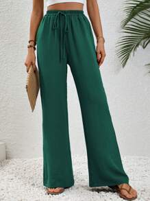 SHEIN LUNE Knot Waist Wide Leg Pants Fall Cloth For Women - Dark Green - View 3