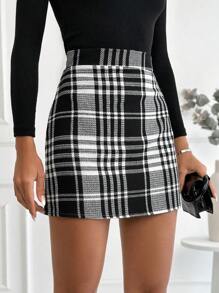 EURMUSE Plaid Print Skirt - Black and White - View 3