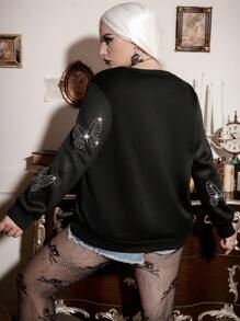 Calvaya Plus Halloween Rhinestone Butterfly Pattern Sweatshirt - Black - View 2