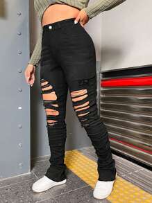 SHEIN EZwear Plus High Waist Ripped Skinny Jeans - Black - View 1