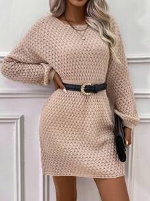 SHEIN LUNE Chất rắn Thả vai Đầm Áo len Không có thắt lưng - Màu Khaki - Xem 3