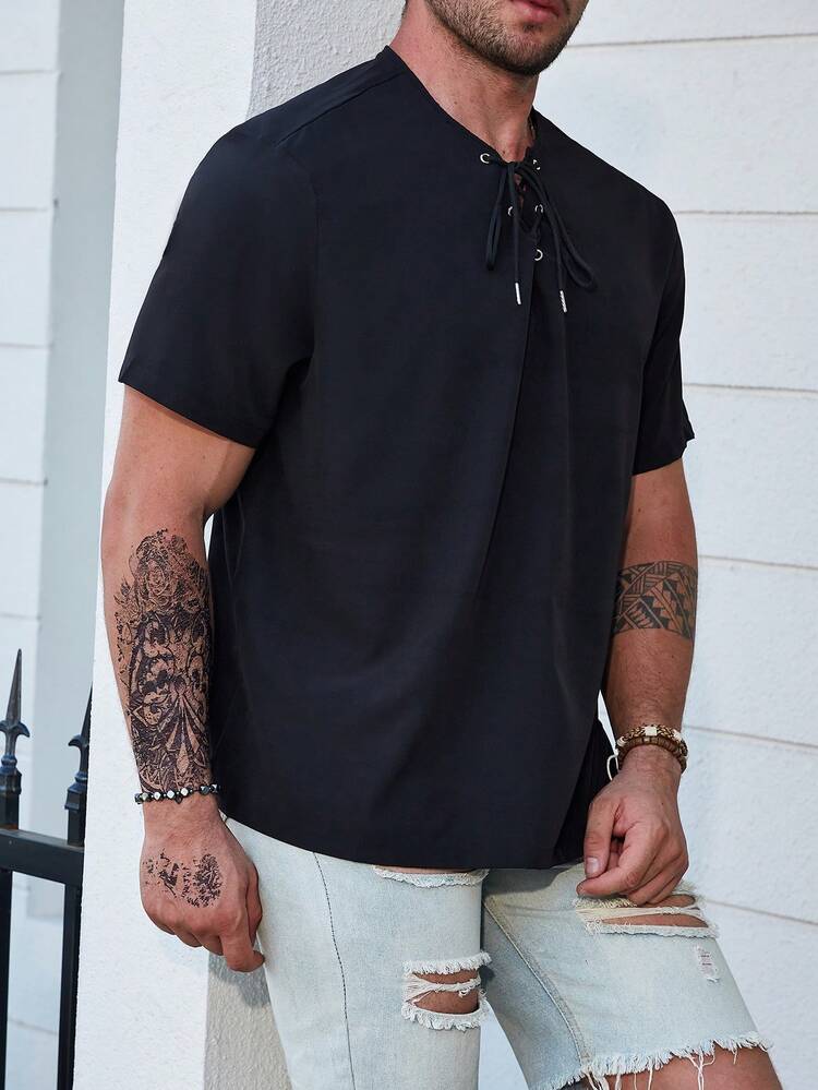 Manfinity Homme 男士大码前抽繩襯衫 - 黑色 - 查看 1