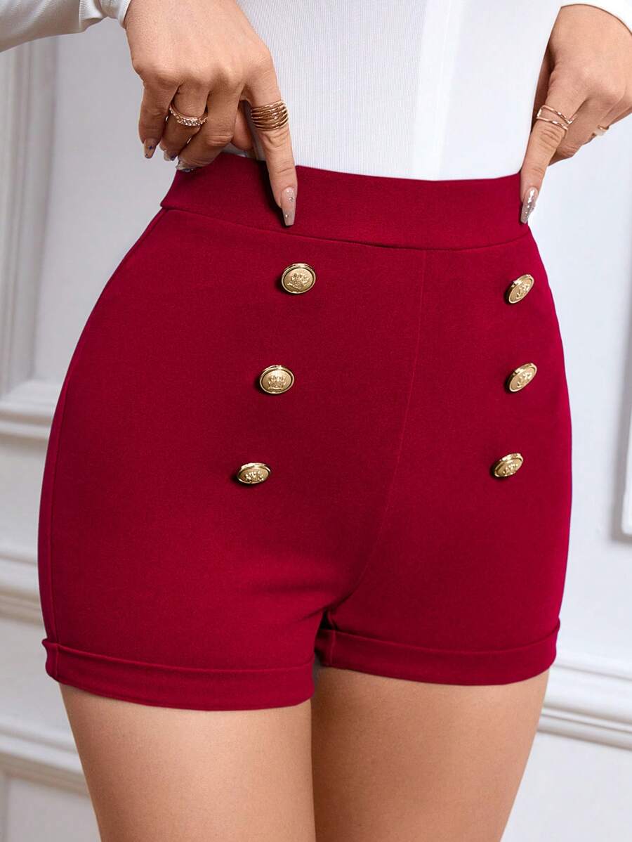 Firerie High Waist Fake Button Shorts - Red - View 1