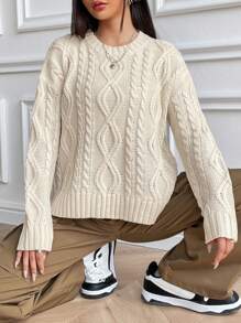 SHEIN Unity Cable Knit Drop Shoulder Sweater - Apricot - View 3