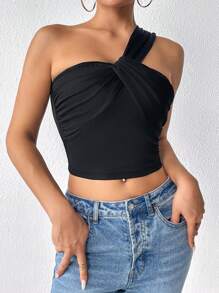 SHEIN Privé 單肩前扭結短款上衣 - 黑色 - 查看 3