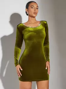 SHEIN BAE Rhinestone Detail Backless Velvet Bodycon Dress - Olive Green - View 4