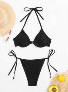 SHEIN Swim Summer Beach Halter Underwire Tie Side Bikini Set - Black - View 5