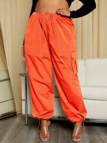 SHEIN SXY Plus Drawstring Waist Flap Pocket Side Pants - Orange - View 1