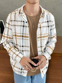 Manfinity VCAY 1pc Loose Fit Men Plaid Print Zip Up Hooded Jacket - Multicolor - View 1