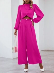 SHEIN Clasi Solid Lantern Sleeve Crop Top & Wide Leg Pants - Hot Pink - View 4