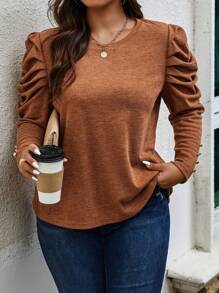 Calvaya Plus Button Detail Gigot Sleeve Tee - Brown - View 6